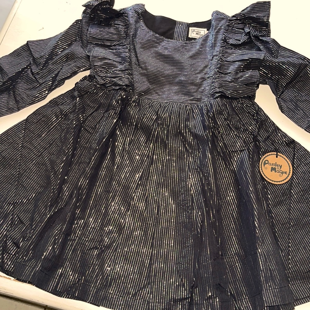 Paisley Magic longsleeved little girls dress black/silver stripes 24m.